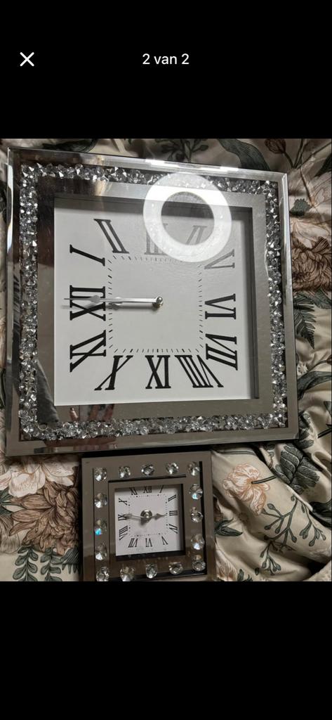 Set van 2 decoratieve klokken met spiegel en diamantjes, Ophalen of Verzenden, Gebruikt, Analoog, Wekker of Tafelklok