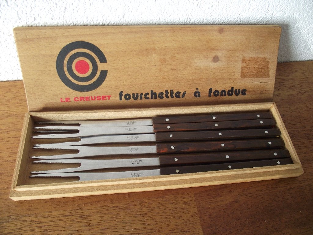 vintage doos 6 RVS Palisander houten fonduevorken Le Creuset, Antiek en Kunst, Ophalen of Verzenden
