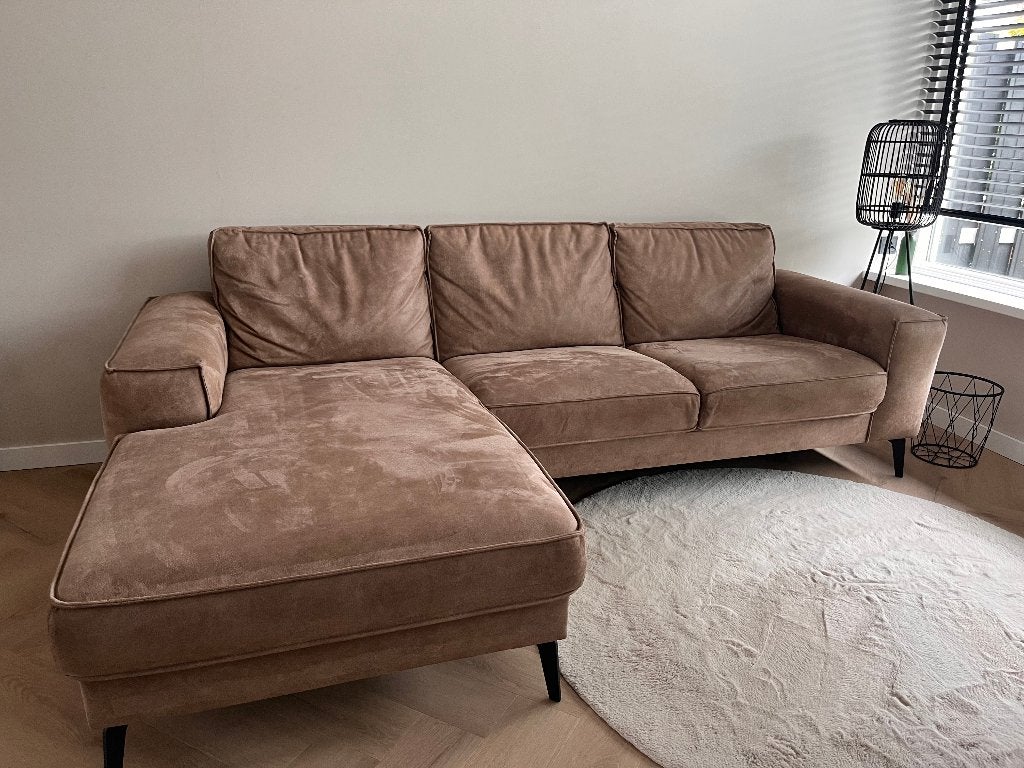 Mooie 2-zits hoekbank met loungegedeelte in leverbruin, Ophalen, Gebruikt, Stof, Moderne, tijdloze hoekbank