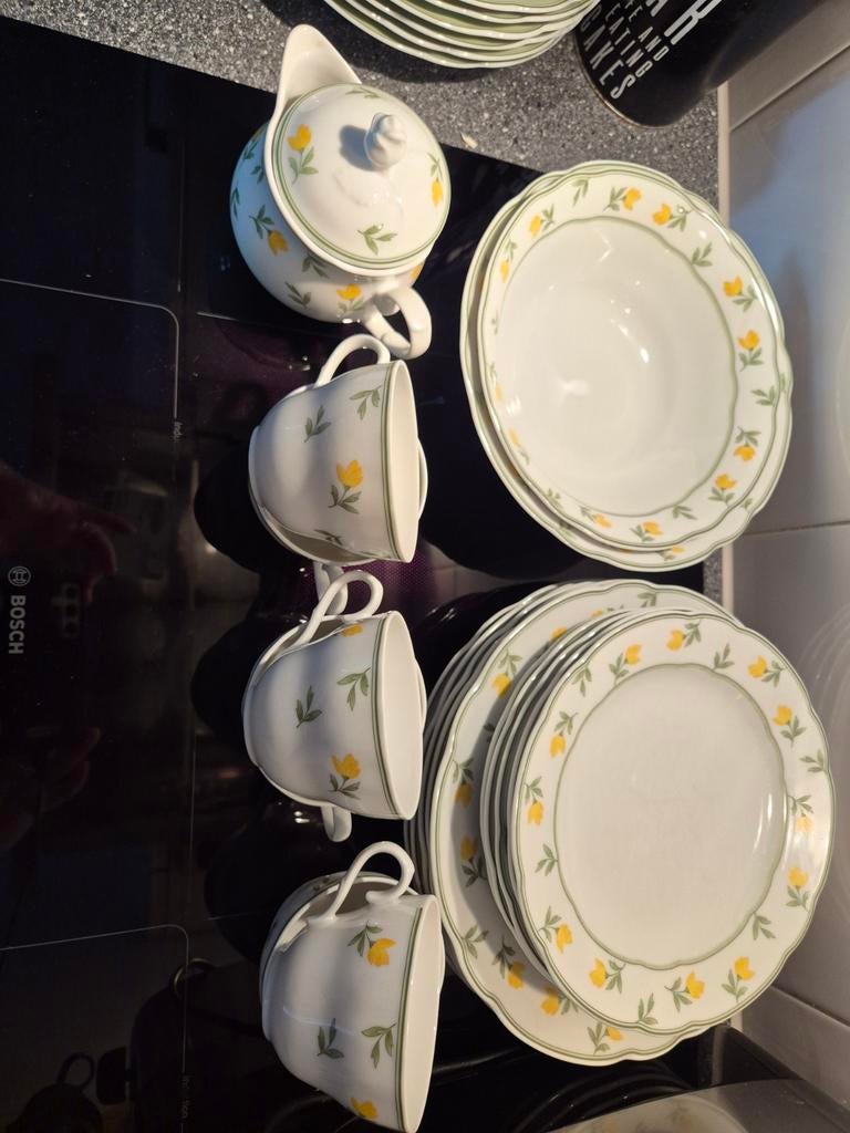 Mooi 5-persoons servies met kopjes, borden en schalen, Ophalen, Keramiek, Zo goed als nieuw, Effen