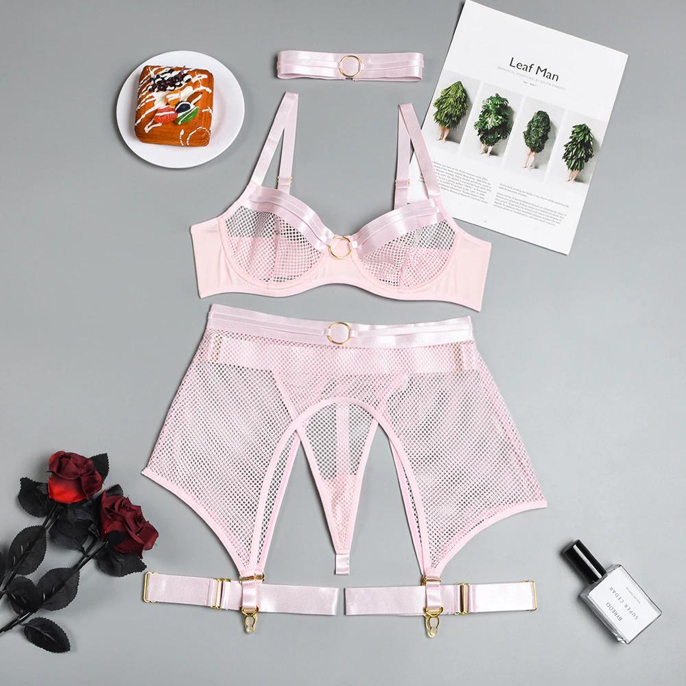 Roze doorzichtig mesh lingerie setje string bh jarretels, Kleding | Dames, Verzenden, Roze, Setje