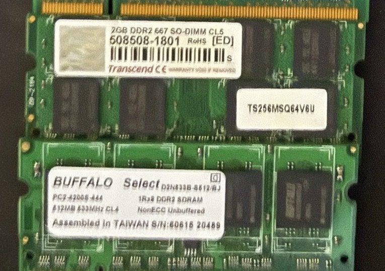 3x DDR2 SO-DIMM laptop RAM 2GB Transcend 1GB Samsung 512MB, Ophalen of Verzenden, Gebruikt, DDR2, Laptop