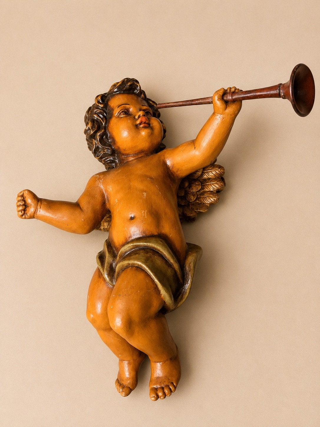 Prachtig paar antieke engelen (55 cm) – Viool & Bazuin, Ophalen, Gebruikt, Religie