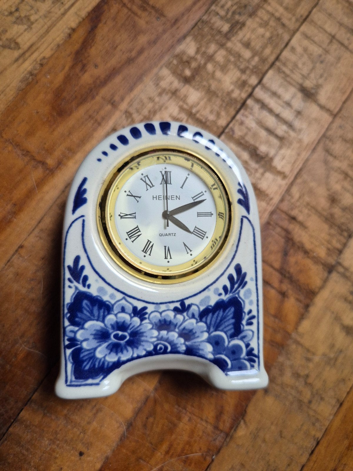 Heinen Delfts Blauw Tafelklokje, Ophalen, Gebruikt