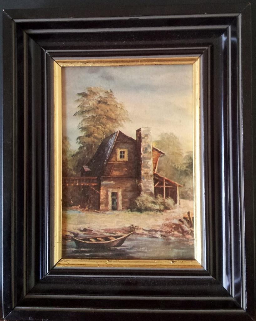 schilderij landhuis met bootje  (32), Antiek en Kunst, Ophalen of Verzenden