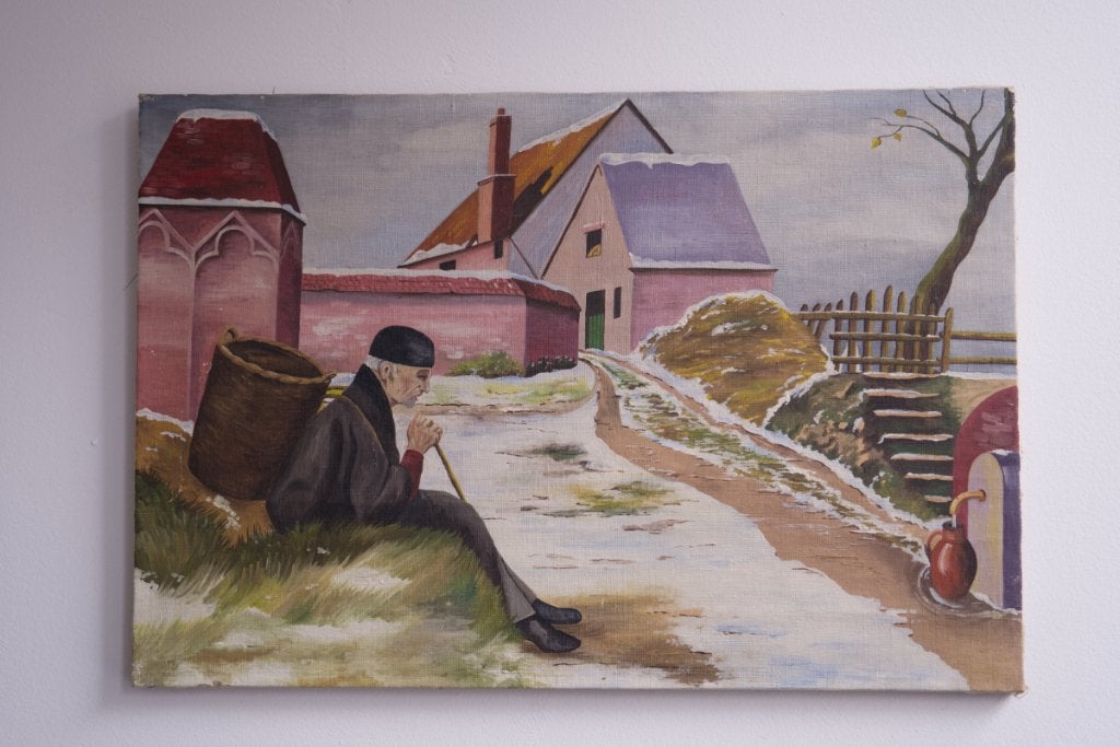 Schilderij oude man met mand, Ophalen of Verzenden, Stads- / dorpsgezicht