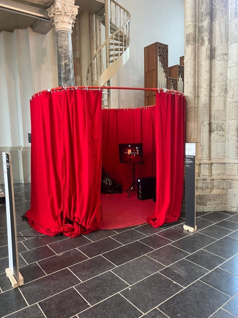 Gordijnen rood brandvertragend - met ovaal staand framewerk, Huis en Inrichting, Stoffering | Gordijnen en Lamellen, Ophalen, 200 cm of meer