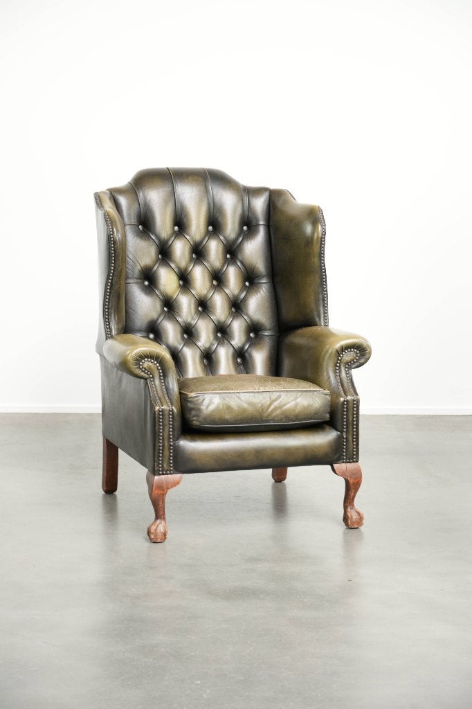 Stoere vintage rundleren chesterfield oorfauteuil, Huis en Inrichting, Ophalen, Gebruikt, Chesterfield, /
