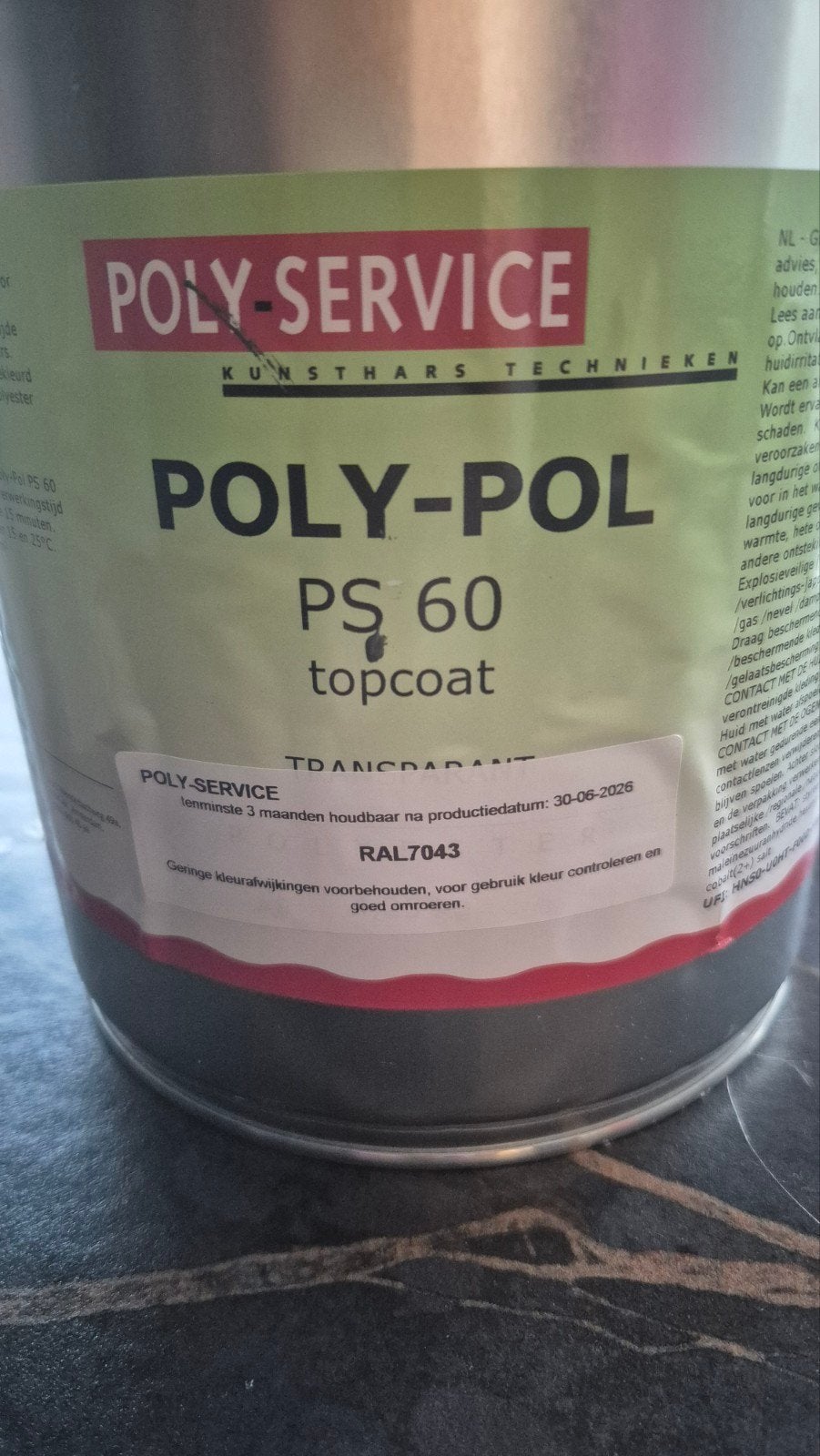 Poly-Service Poly-Pol PS 60 Topcoat RAL7043, Minder dan 5 liter, Ophalen of Verzenden, Nieuw, Grijs