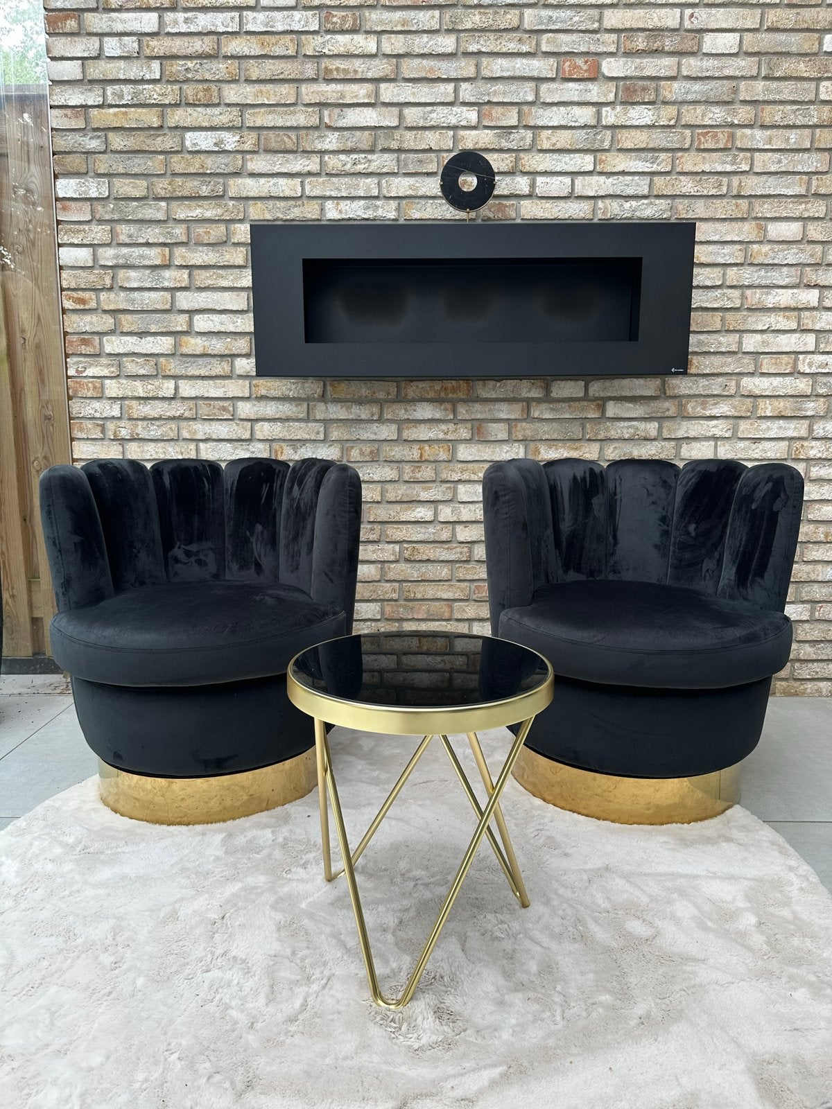 Prachtig zwart/gouden set met draaibare stoelen en bijzettaf, Huis en Inrichting, Stoelen, Zo goed als nieuw, Twee, Metaal, Zwart