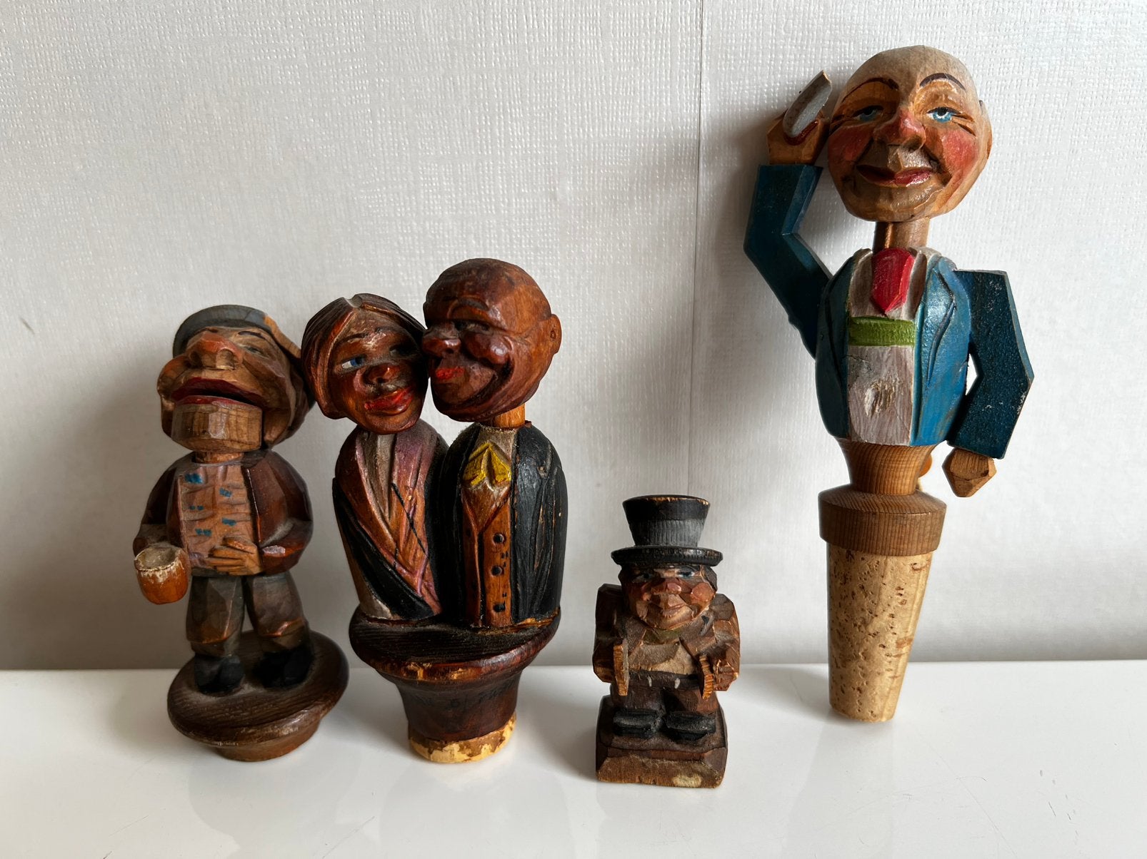 4 Vintage ANRI Germany Houten Beweegbaar Flessenstopper 40’s, Ophalen of Verzenden, Pop/figuur, Hout