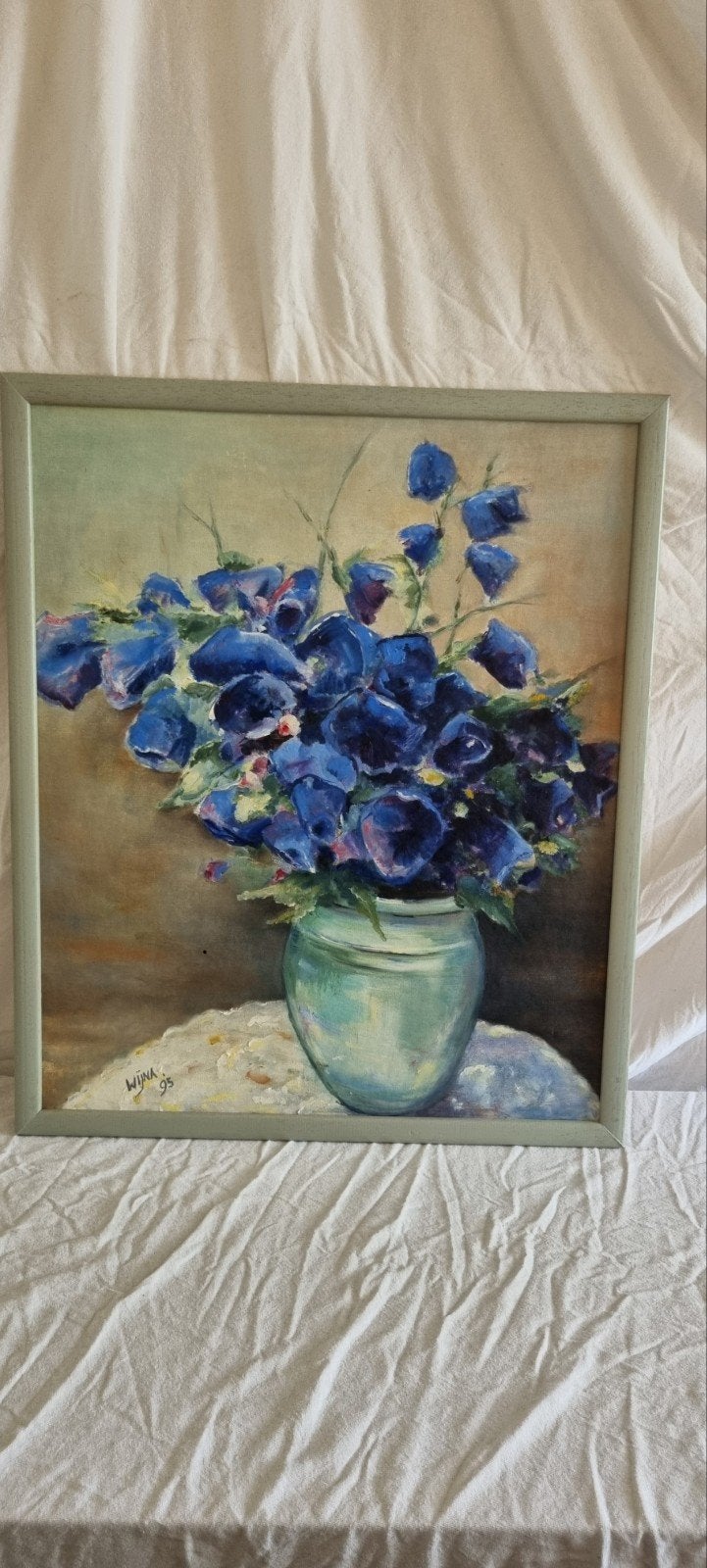 Schilderij: Blauwe bloemen in vaas, gesigneerd 'Wijna 95', Ophalen