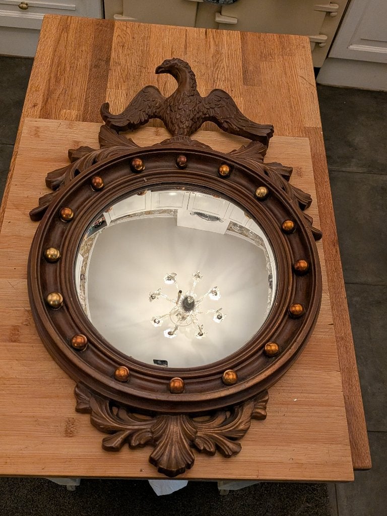 Vintage bolle butlerspiegel met adelaar, Bullseye mirror, Antiek en Kunst, Ophalen of Verzenden, Rond, Minder dan 50 cm, Minder dan 100 cm