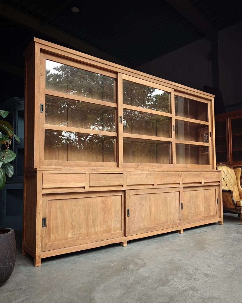 greeploze teakhouten schoolkast | Strakke buffetkast  #5713, Met deur(en), -, 200 cm of meer, -