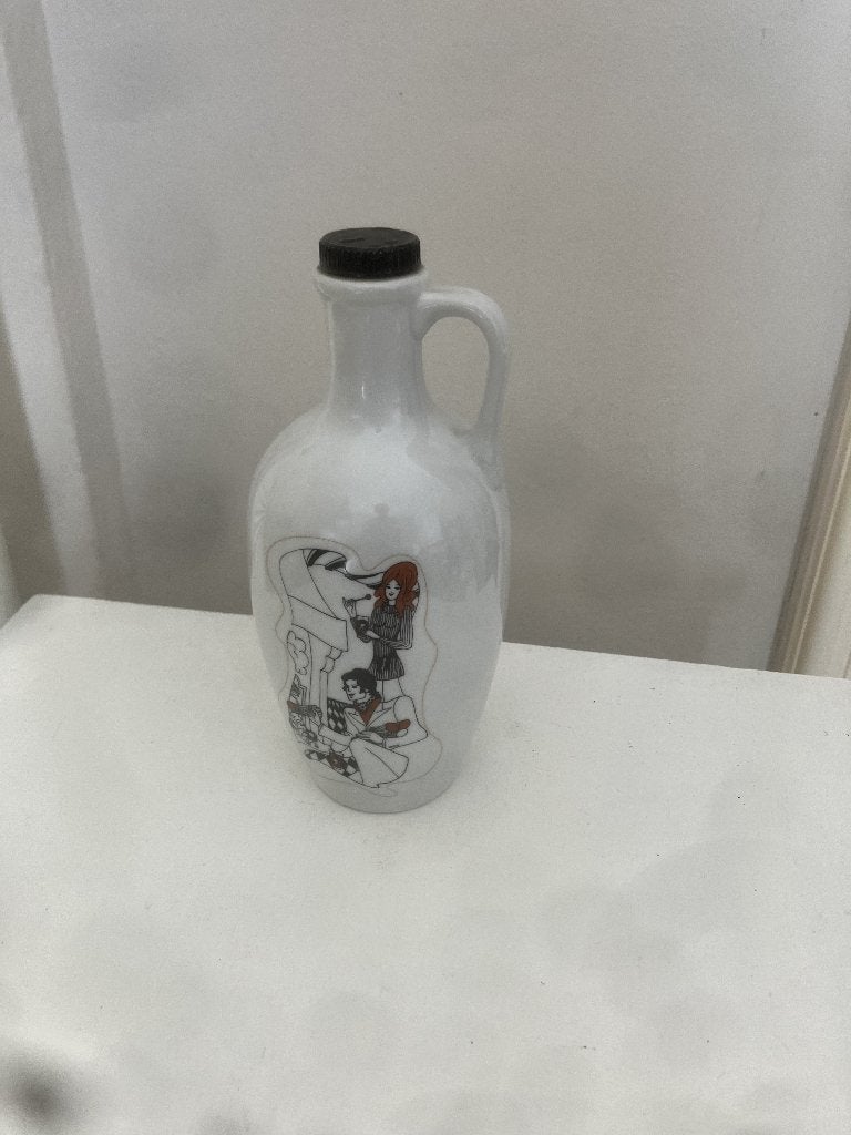 Witte Mispelblom keramische karaf met zwart dop - jaren '70, Ophalen of Verzenden, Zo goed als nieuw, Wit, Glas