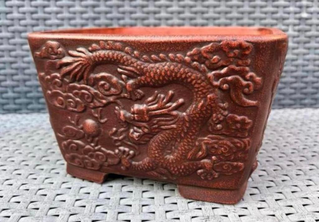 Bonsai pot handgemaakt Draak gedeco gemerkt 20,7x20,7x13, Vierkant, Nieuw, Ophalen of Verzenden, Aardewerk