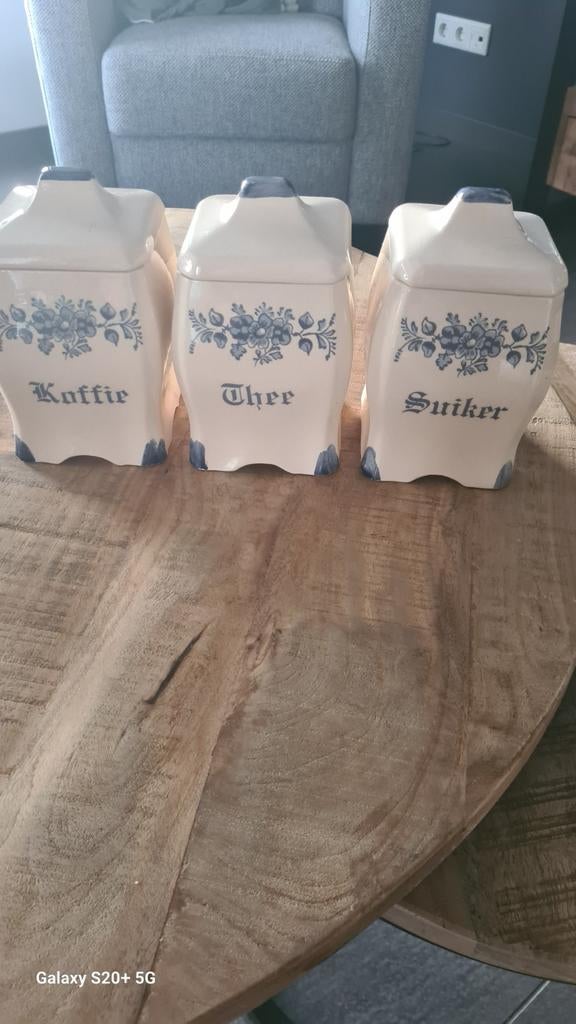Vintage Delfts Blauw Koffie, Thee & Suiker Potten Set, Antiek en Kunst, Ophalen