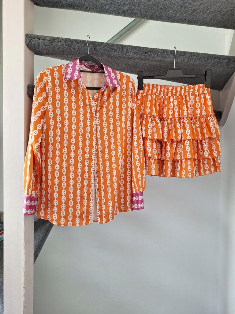 Just Dai Oranje/Roze Kettingprint Set Maat M, Ophalen of Verzenden, Zo goed als nieuw, Maat 38/40 (M)