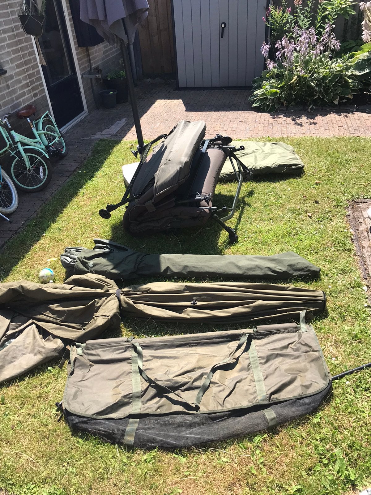 Diverse karper spullen fox supa brolly, piet vogel stretcher, Watersport en Boten, Ophalen of Verzenden, Zo goed als nieuw
