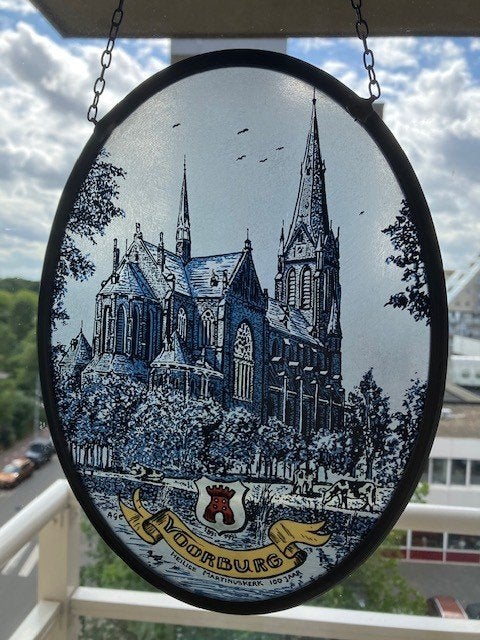 Glas in lood raam decoratie Kerk Voorburg ., Gevelraam of Ruit, Gebruikt, Minder dan 80 cm, Ophalen of Verzenden