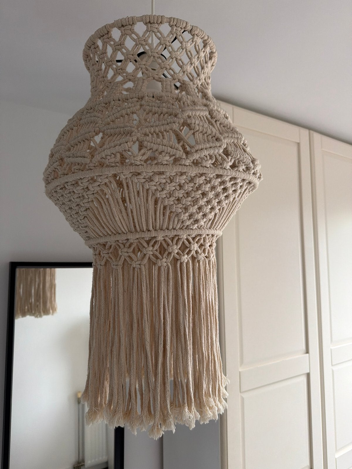 Macramé Hanglamp - Boheemse Stijl, Huis en Inrichting, Hanglamp, Natuurlijk materiaal, Beige, Ophalen of Verzenden