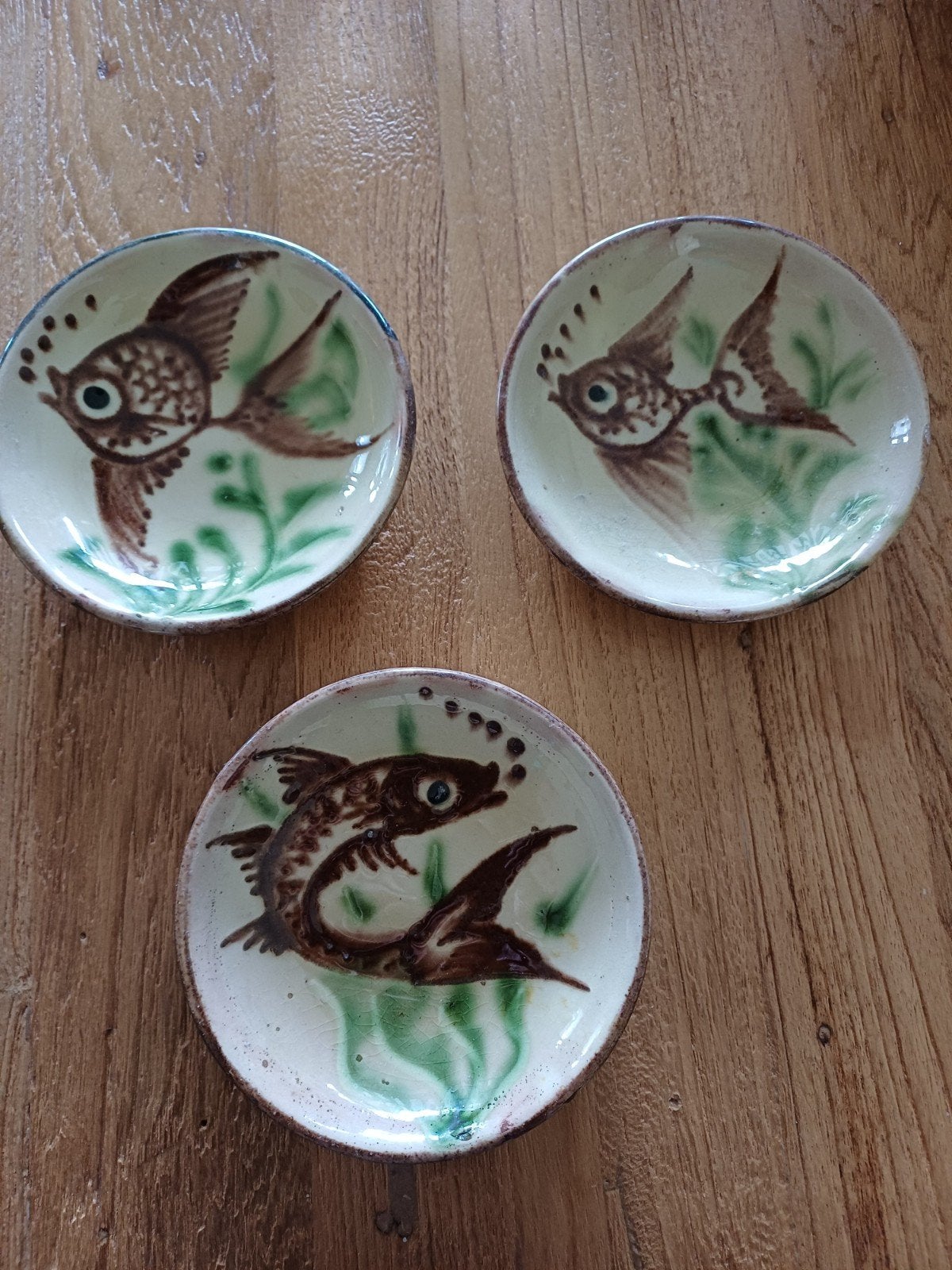 Set van 3 handgeschilderde schaaltjes met vissen, Ophalen of Verzenden