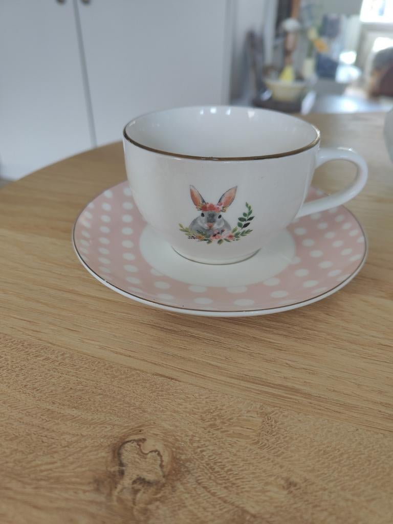 Kop en schotel roze Pasen Paashaas leuk met eitjes/ hyacint, Ophalen of Verzenden, Zo goed als nieuw, Porselein, Kop en/of schotel