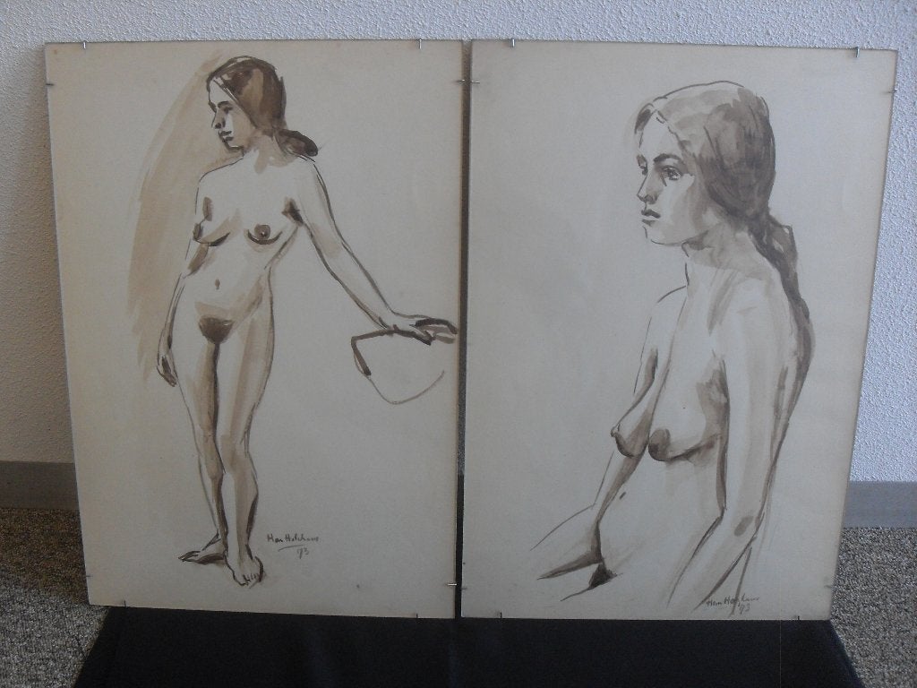 2 han hulshous aquarellen vrouwelijk naakt gesigneerd, Ophalen of Verzenden