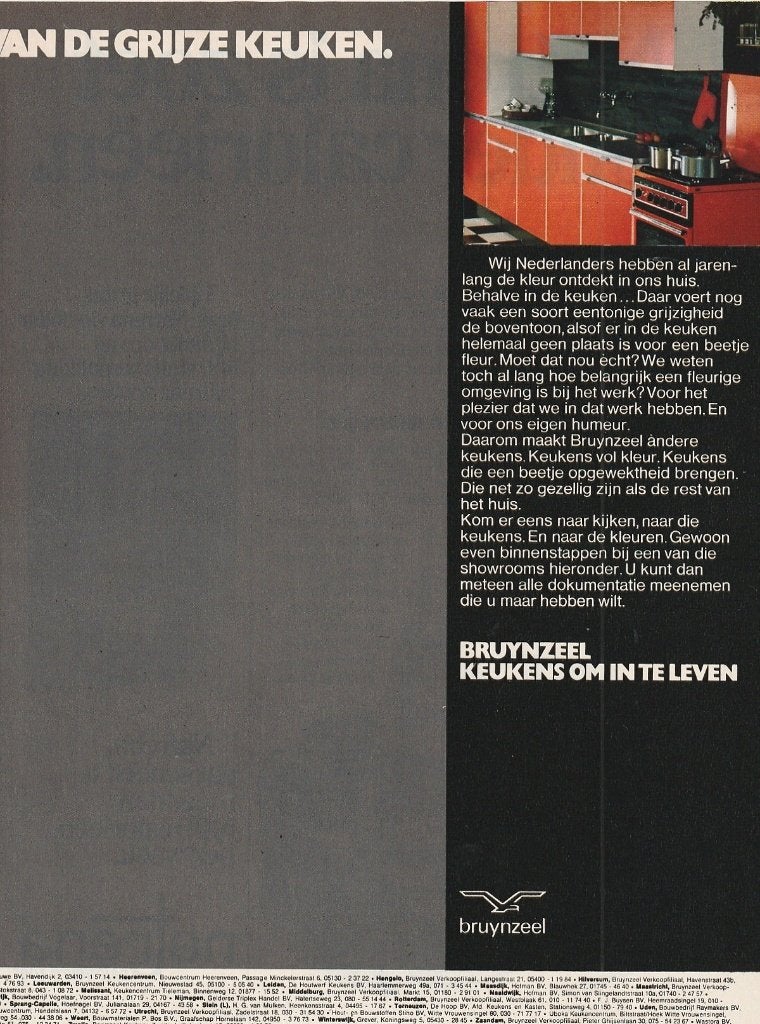 Retro reclame 1975 Bruynzeel keukens ook in oranje, Verzenden, Overige typen