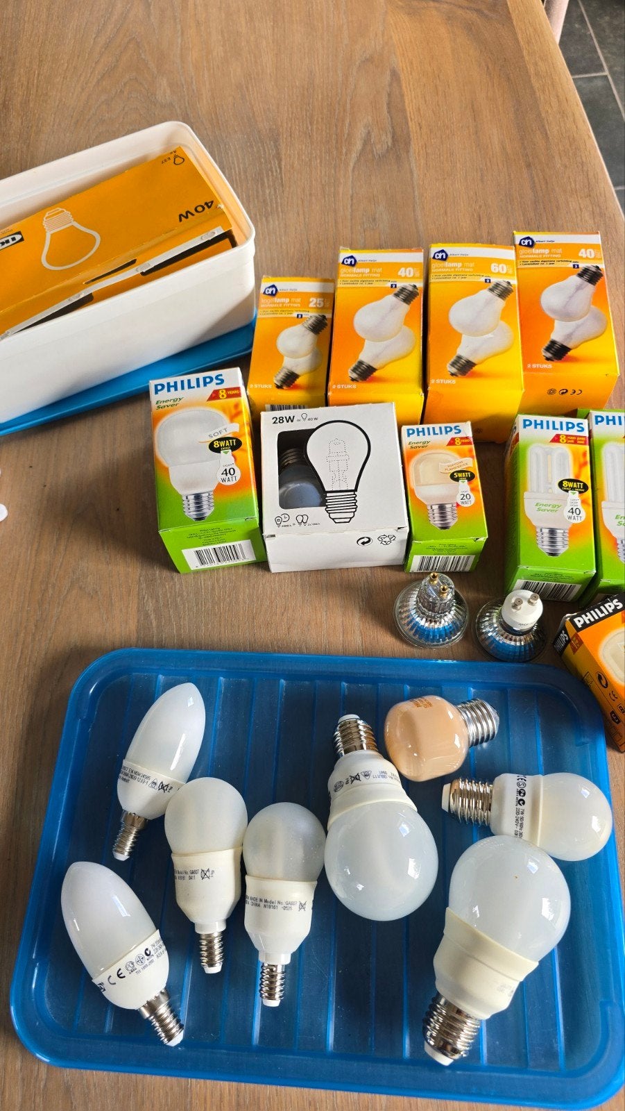 Partij gloeilampen en spaarlampen (diverse), Ophalen, Gebruikt, E27 (groot), Philips