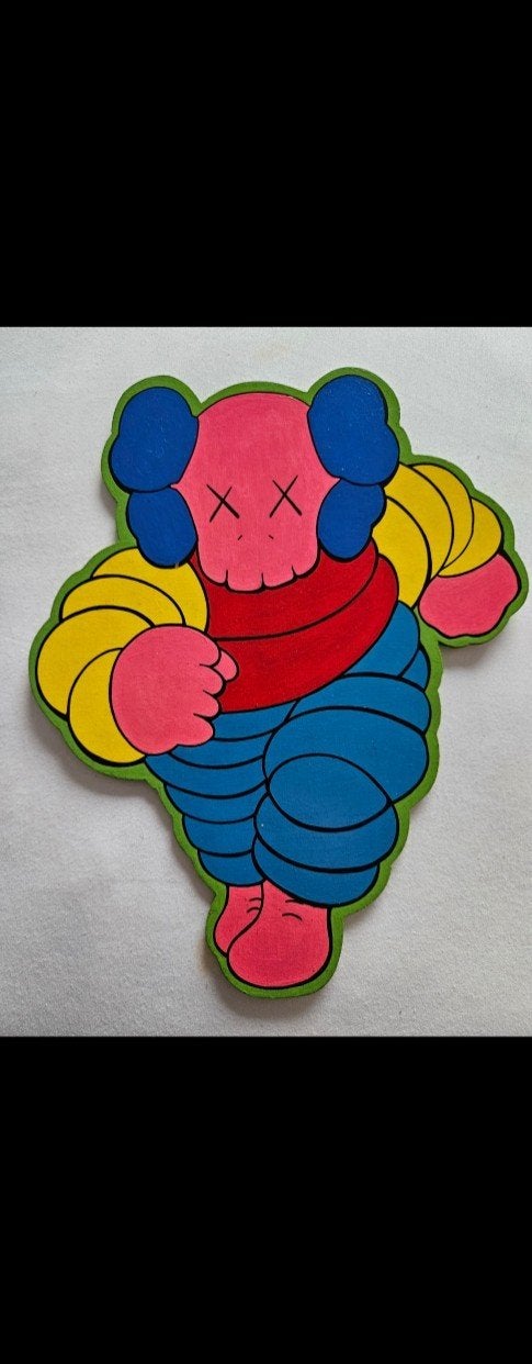 KAWS, 2 rare acrylic cutouts reliëfs on wood, signed+datedUn, Acrylverf, Overige stijlen, Verzenden, Overige ondergronden