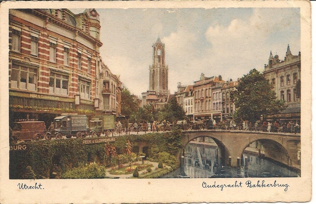 Oude ansichtkaart Utrecht Oudegracht Bakkerbrug Domtoren, Ophalen of Verzenden, 1920 tot 1940, Gelopen, Utrecht