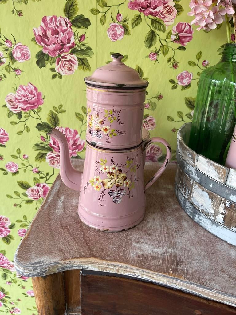 Antieke roze emaille Franse koffiepot met bloemmotief, Ophalen of Verzenden