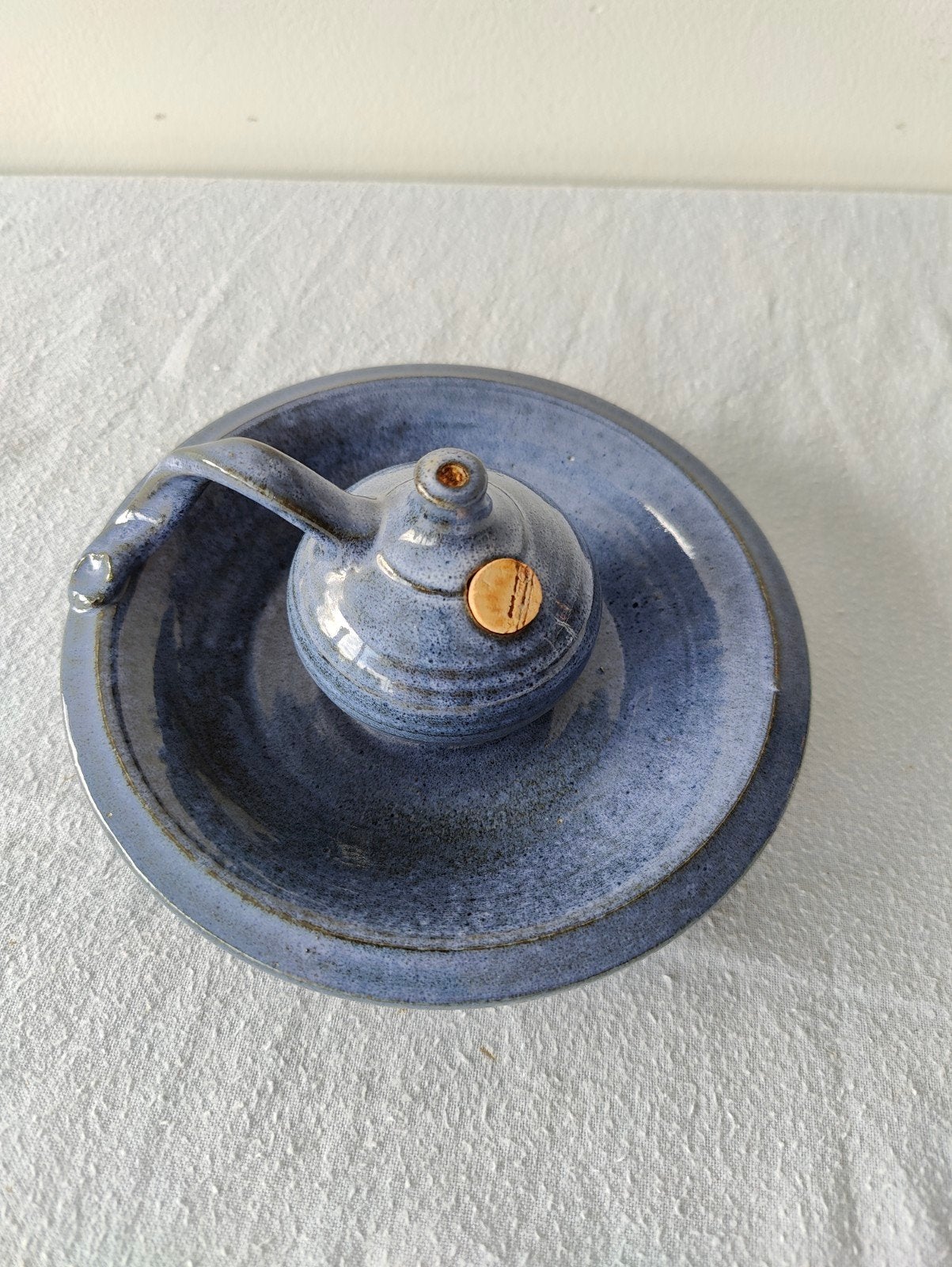 Vintage keramische olielamp - Blauw geglazuurd, Antiek en Kunst, Antiek | Keramiek en Aardewerk, Ophalen of Verzenden