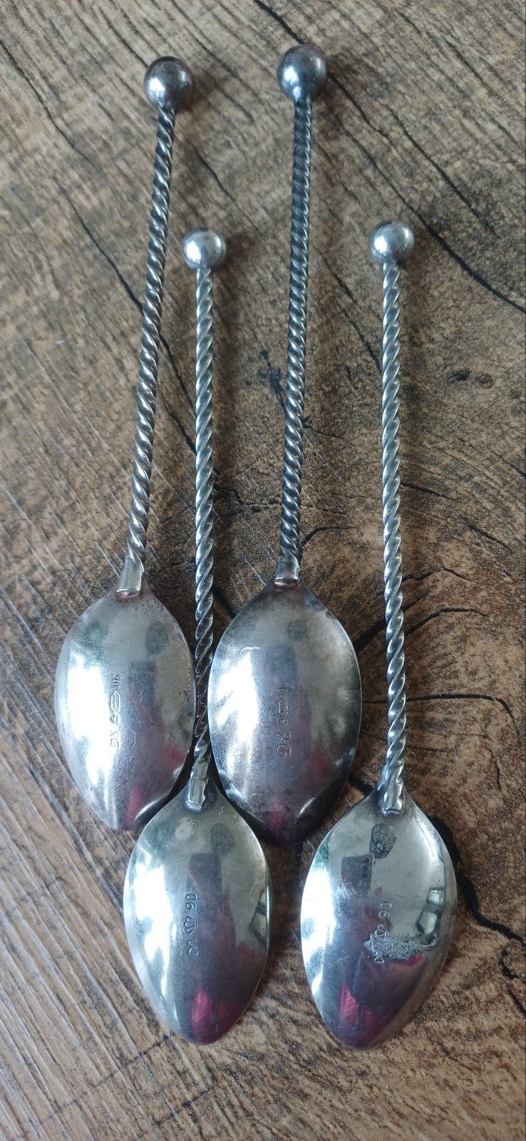 Set van 4 vintage zilverkleurige lepels met gedraaide steel, Ophalen of Verzenden