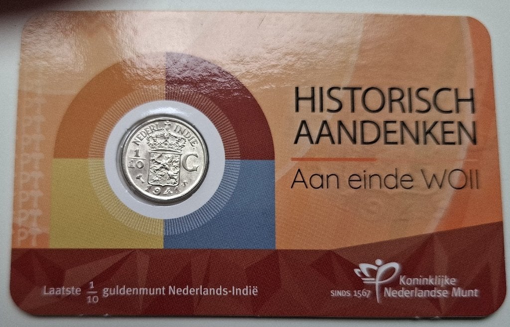 Coincard met 1/10 gulden Nederlands Indie 1941 S, Verzenden, Koningin Wilhelmina, 10 cent, Losse munt