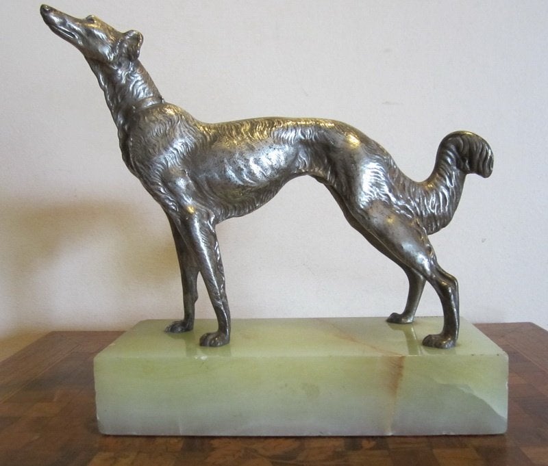 Antieke art deco bronzen windhond barzoi, Louis Carvin, Verzenden, Art deco, Brons, Gemerkt
