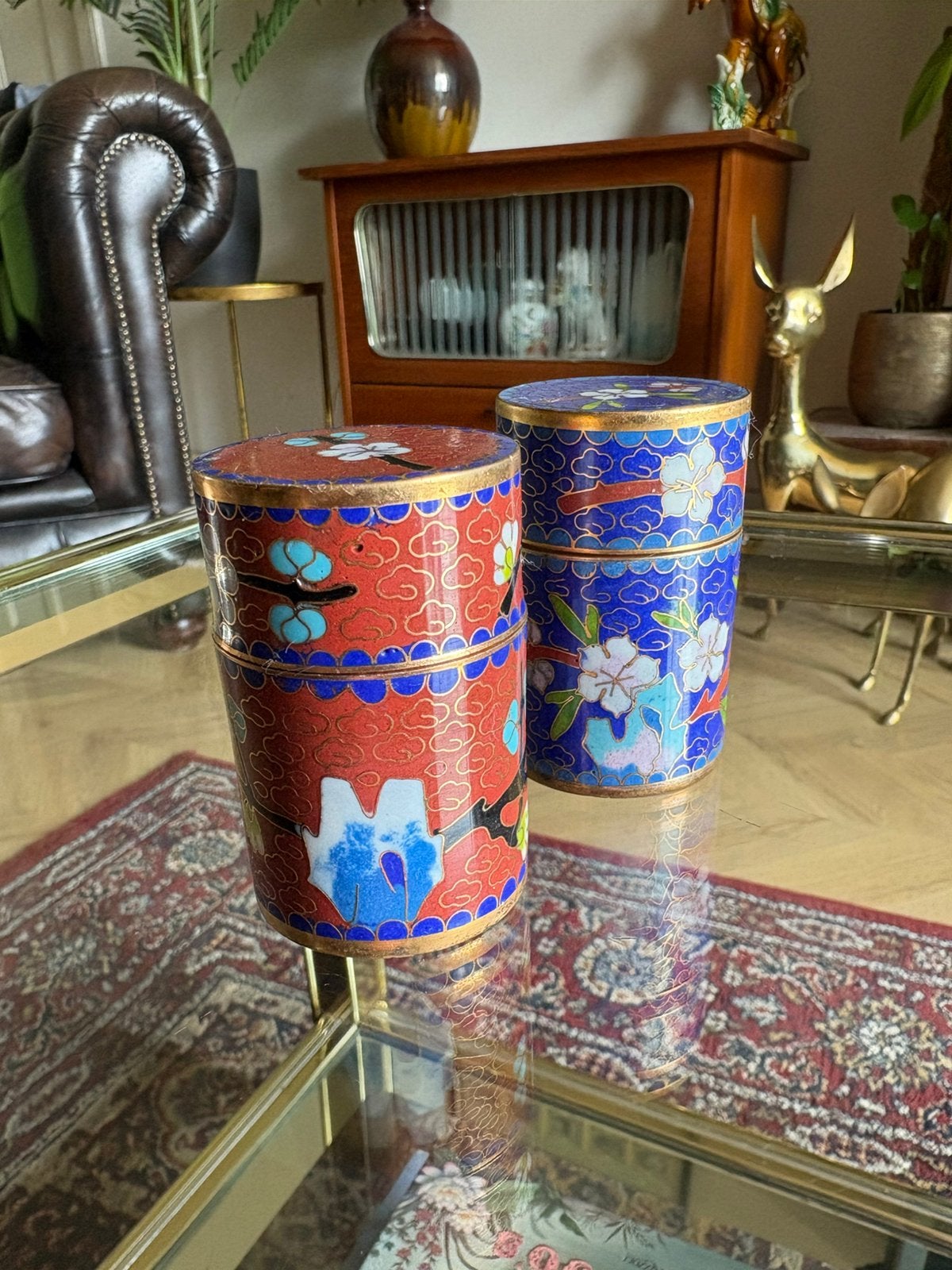 Prachtige set van twee vintage cloisonné busjes, Ophalen of Verzenden