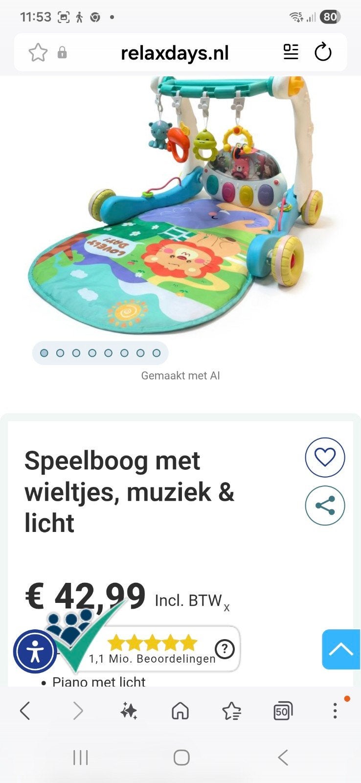 speelboog met wieltjes muziek en licht nieuw, Ophalen of Verzenden, Nieuw