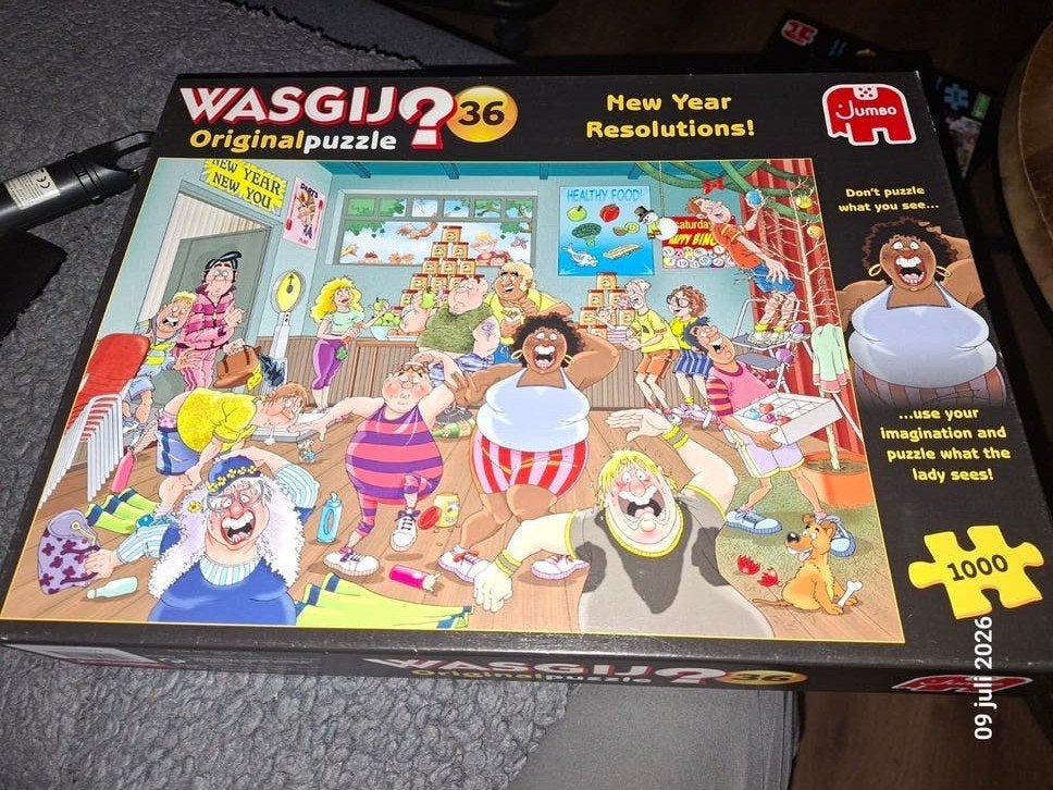 1x gelegd Wasgij Original 36 Goede voornemens 1000 stukjes, Ophalen of Verzenden, 500 t/m 1500 stukjes, Nieuw, Legpuzzel