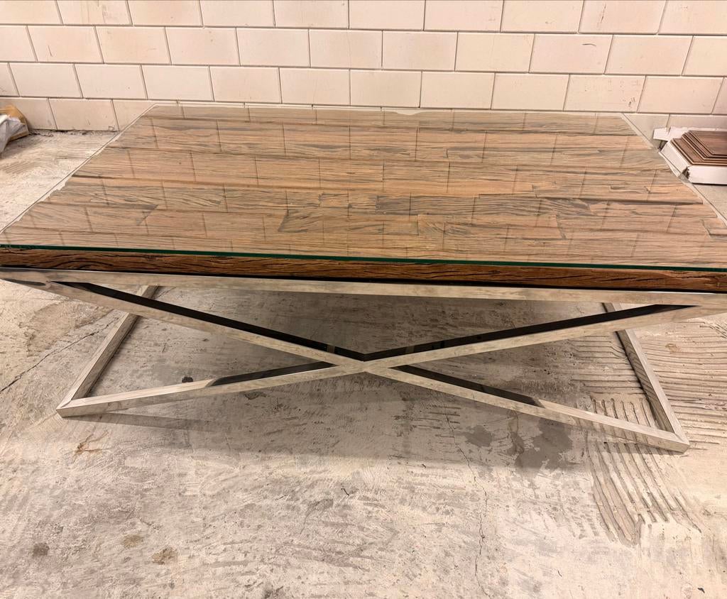 Moderne salon tafel met glasplaat - 130x80 cm, Huis en Inrichting, Tafels | Salontafels, Ophalen, Gebruikt, 100 tot 150 cm, 50 tot 100 cm