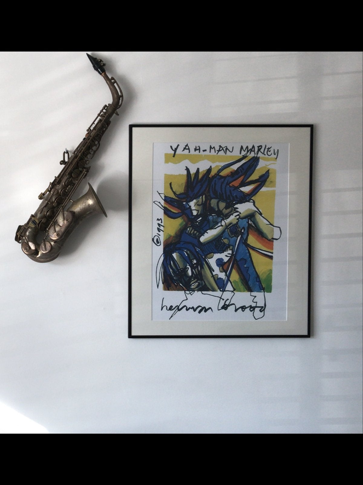 Herman Brood litho Bob Marley met zwarte  lijst 60 * 70 cm, Ophalen