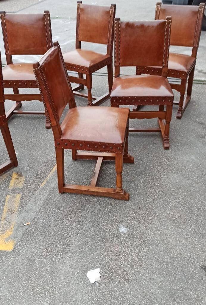 Set van 6 vintage Spaans leren eetkamerstoelen, Ophalen, Tweedehands, Bruin, Tweedehands