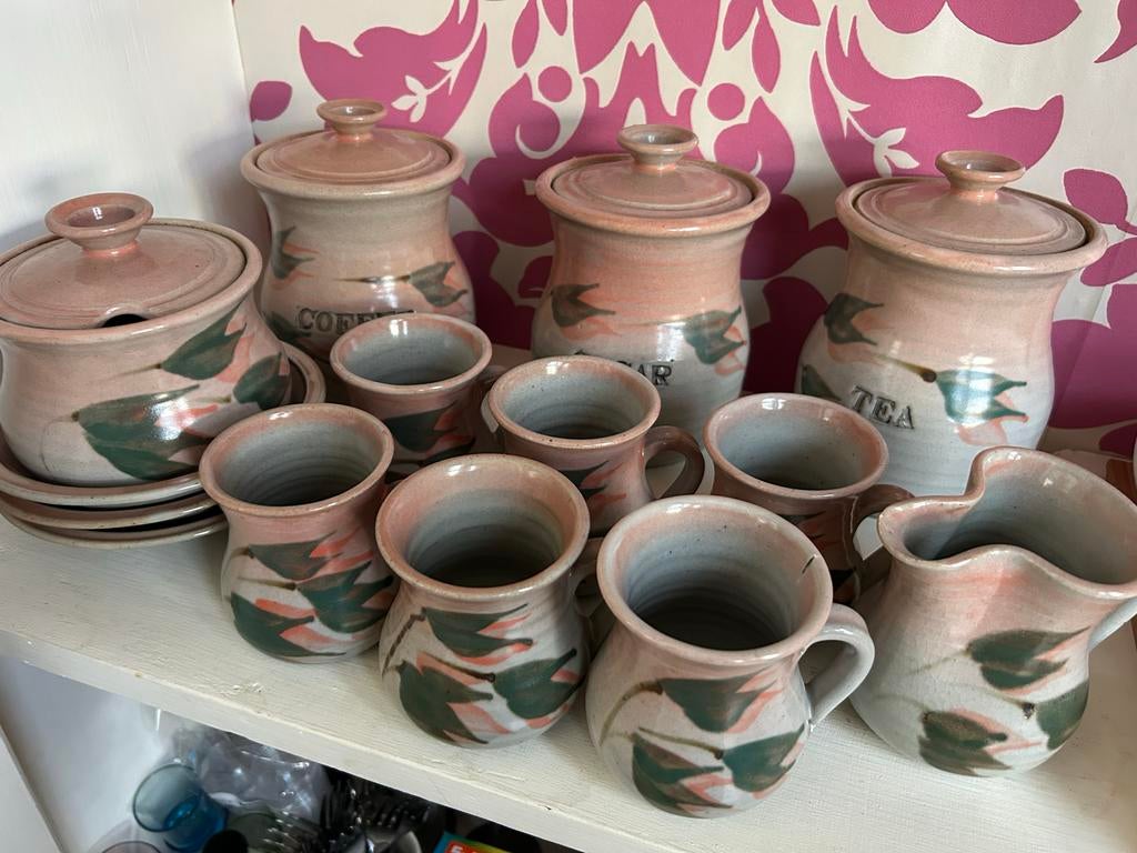 Vintage Ken Martin servies jaren '80 - Roze/groene bladprint, Ophalen of Verzenden