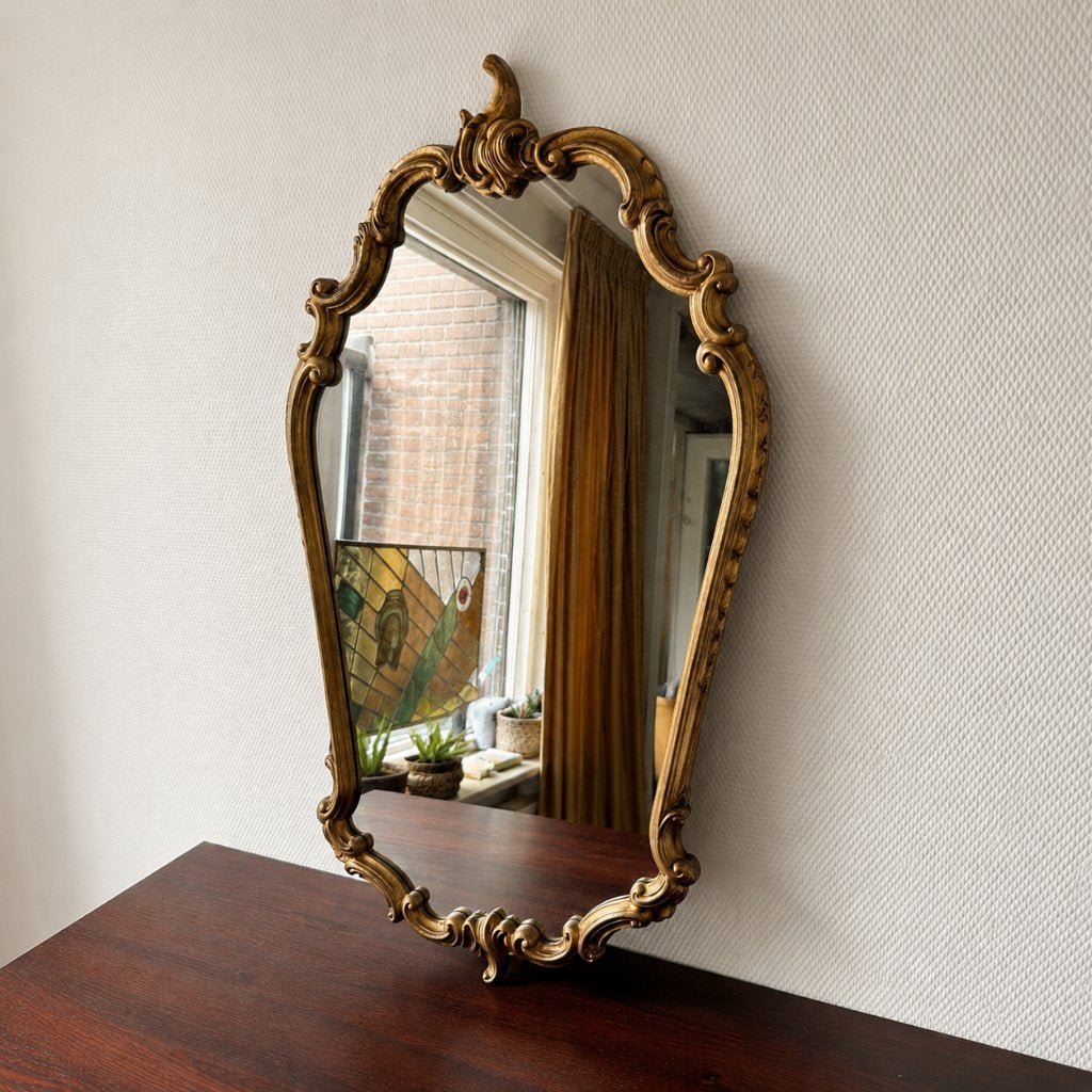Grote Vintage Verweerde Kuifspiegel met Gouden Lijst, Antiek, Ophalen, Minder dan 50 cm, Gebruikt, Minder dan 100 cm