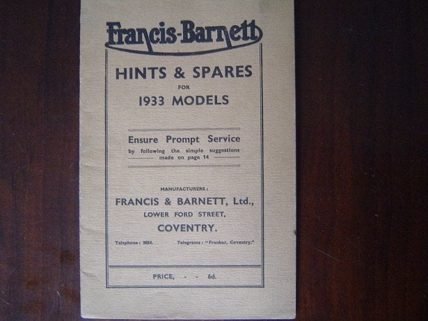 Francis Barnett 1933 motorcycle parts list Falcon Black Hawk, Motoren, Ophalen of Verzenden, Overige merken