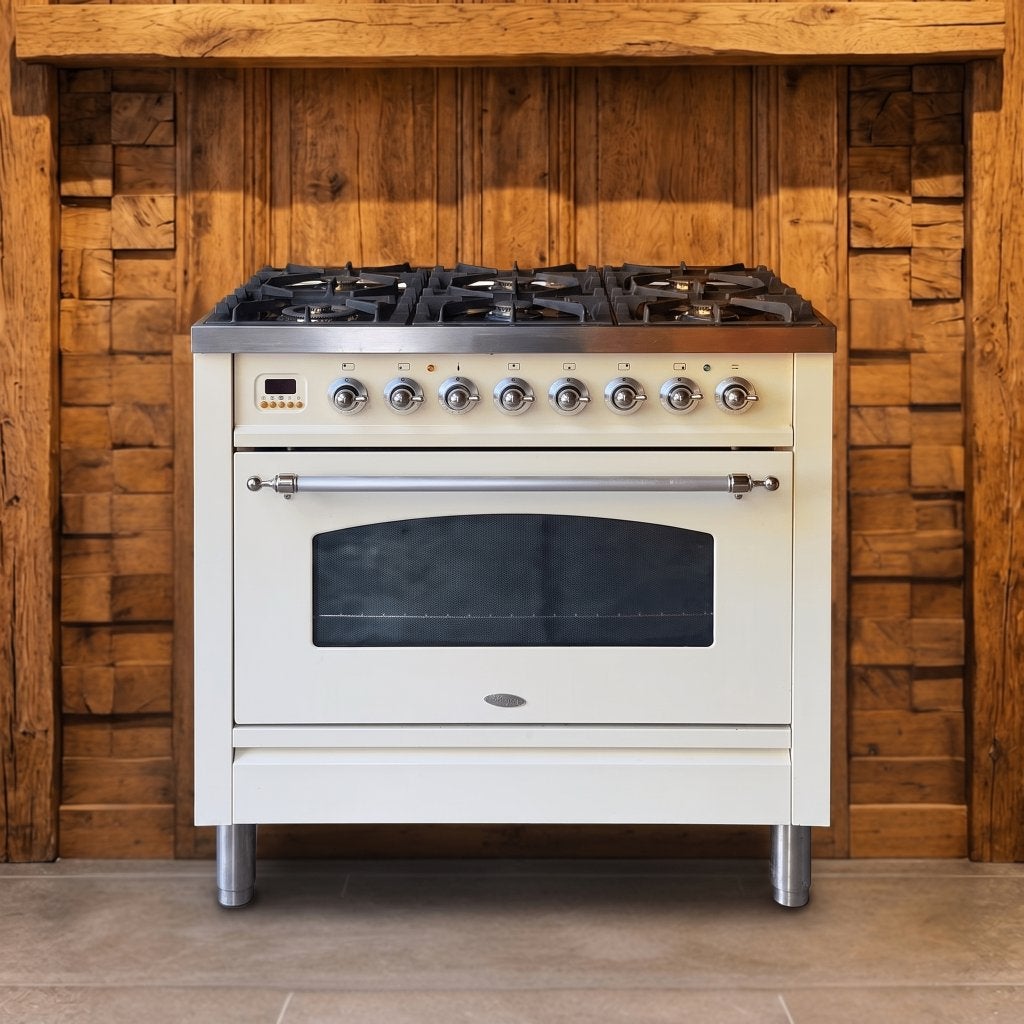 Boretti 90 cm · crème · 6 pits · 1 oven · conditierapport, 60 cm of meer, Refurbished, Ophalen of Verzenden, Gas