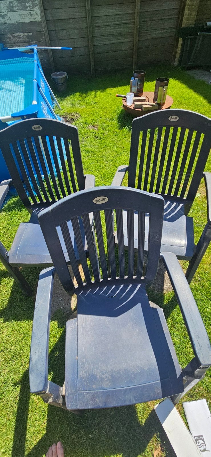 3x Hartman tuinstoelen, blauw, Ophalen, Gebruikt, Kunststof, Stapelbaar