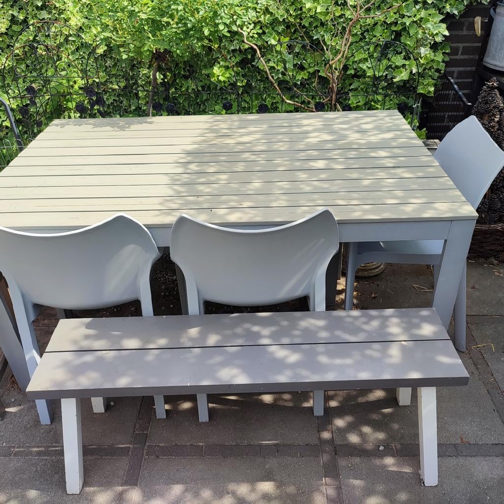Tuinset alu / kunststof tafel + bankje + 3 stoelen 160x90, Ophalen