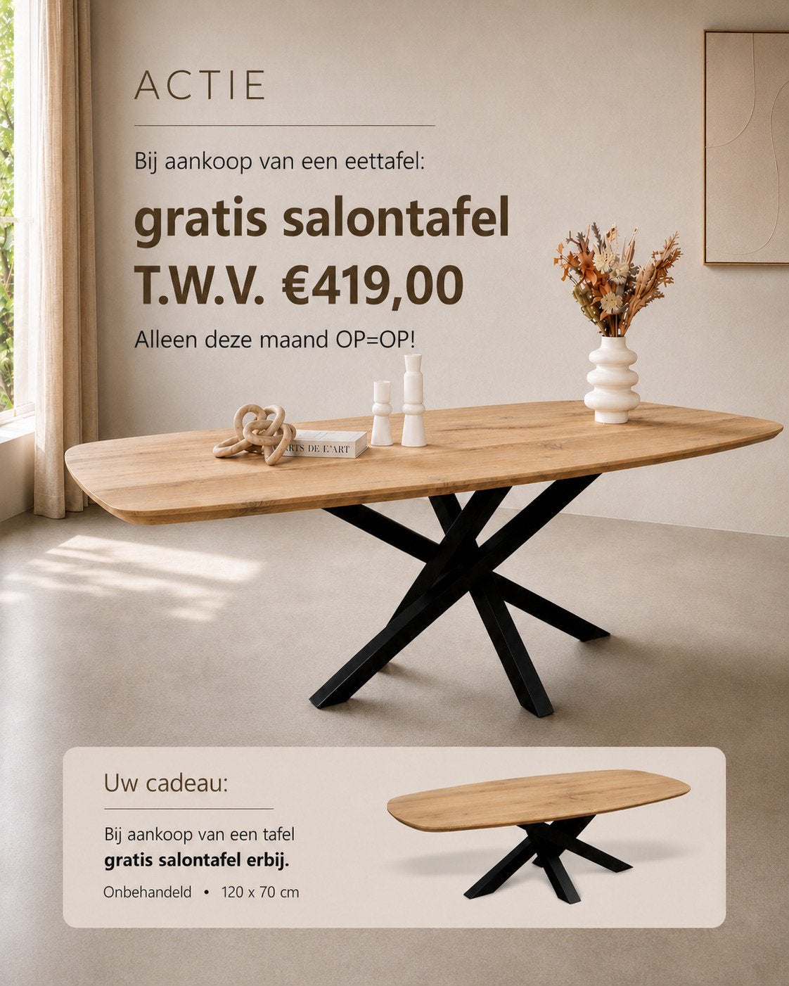 Eiken eettafel + gratis salontafel t.w.v. €419 massief eiken, Huis en Inrichting, Tafels | Eettafels, Ophalen, Nieuw, Eikenhout